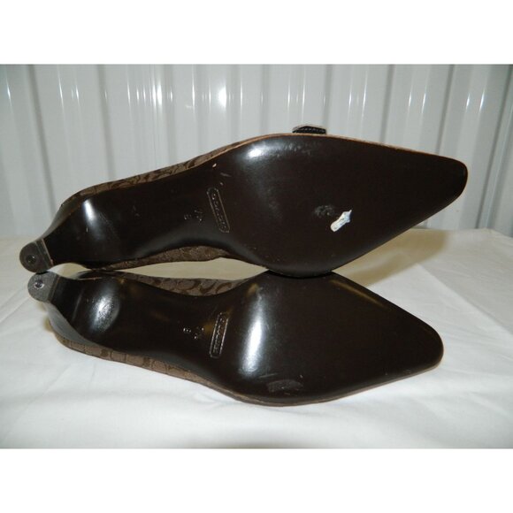 Coach Brown Monogram Buckle Loafers Pointed Toe Heel 7.5B Womens Leather Canvas - Picture 7 of 12